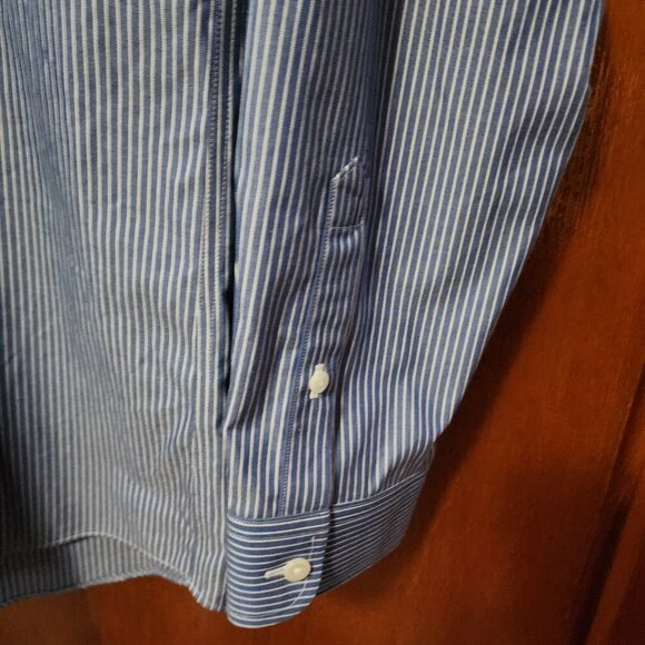 Men's 16 1/2 36 Slim L.L. Bean Blue/White Stripe Long Sleeve Button Down Shirt - Picture 5 of 9